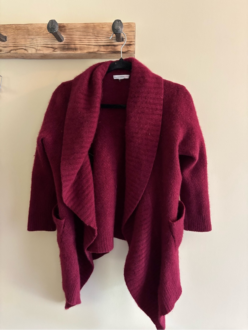 188.) CASHMERE / Open-Front Draped Cardigan Sweater - Burgundy